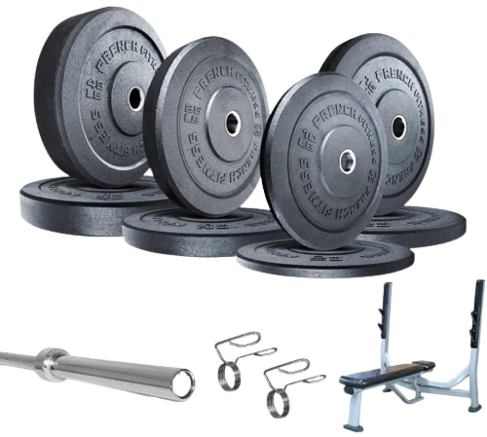 French Fitness Olympic Bumper Plate Set w/7 ft Olympic Bar 235 lbs + Bench - Crumb Rubber (New) Image