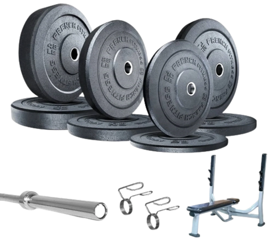 French Fitness Olympic Bumper Plate Set w/7 ft Olympic Bar 235 lbs + Bench - Crumb Rubber (New) Image