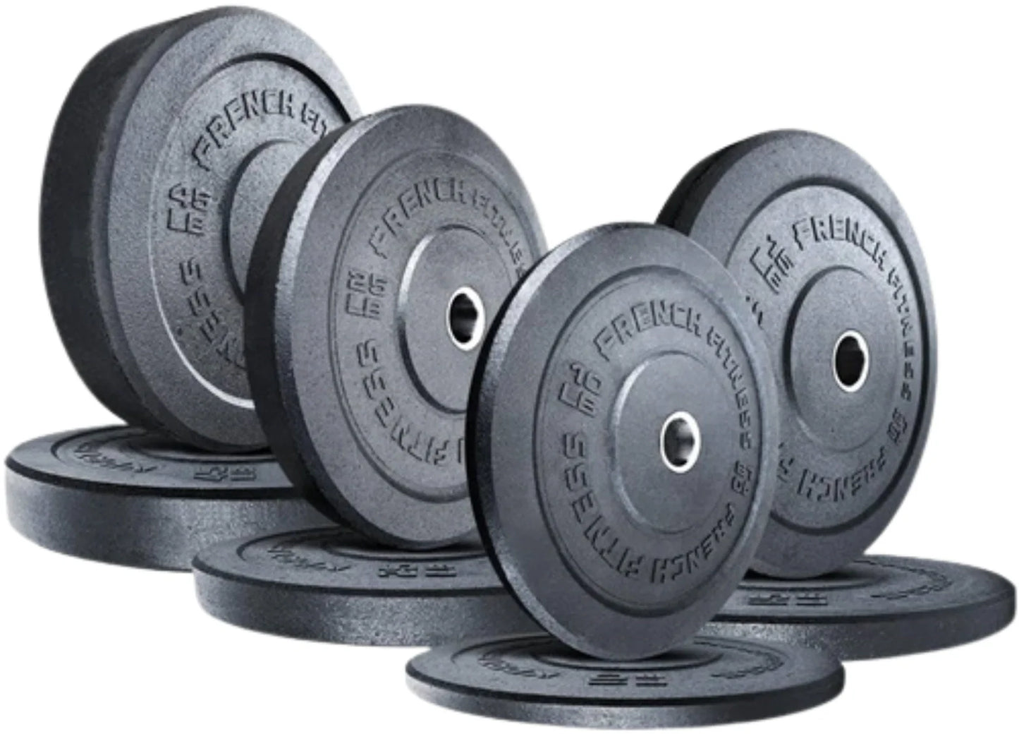 French Fitness Olympic Bumper Plate Set w/7 ft Olympic Bar 235 lbs + Bench - Crumb Rubber (New) Image 2