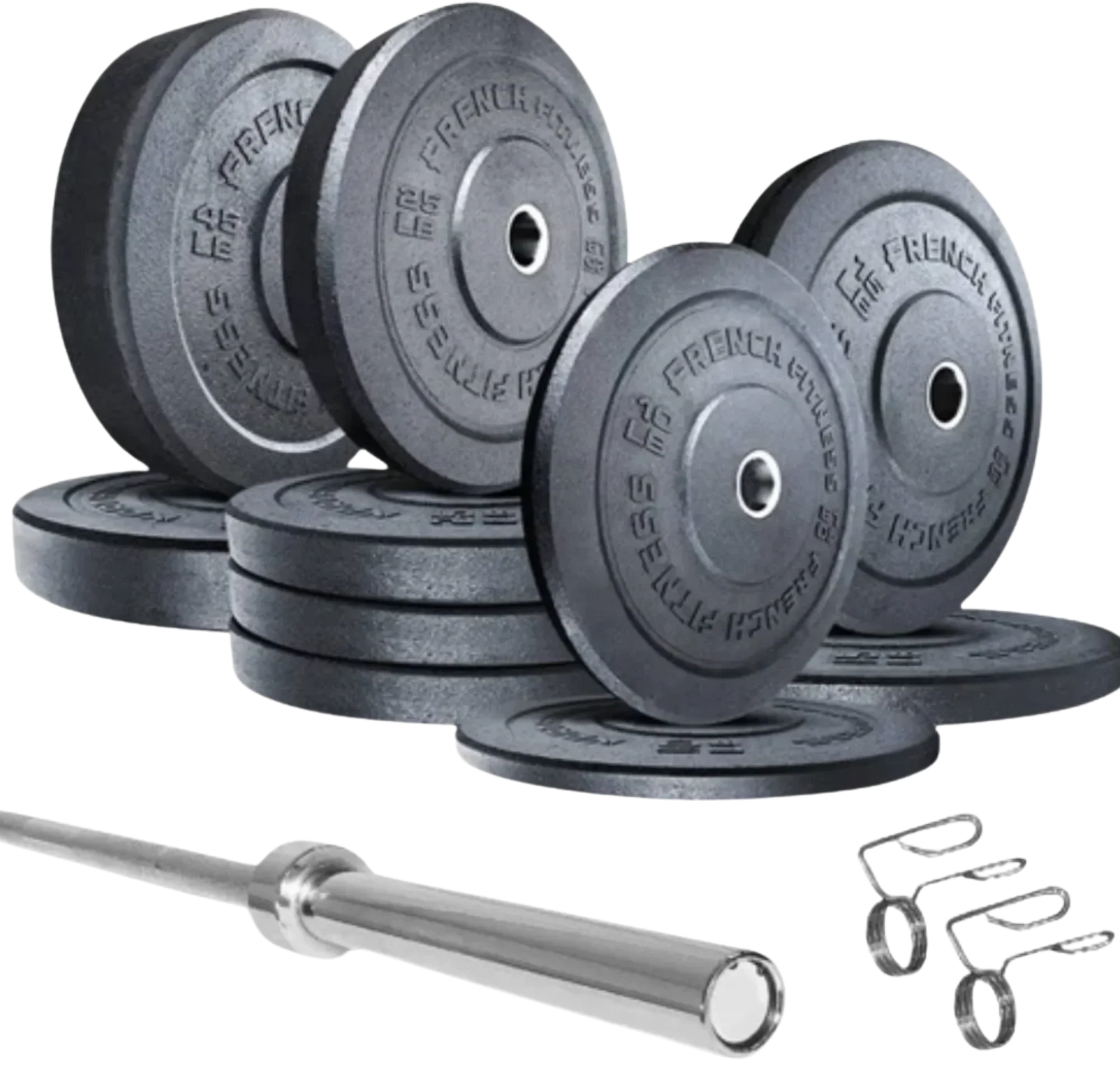 French Fitness Olympic Bumper Plates Set 285 lbs New – Front view of full plates set with 7 ft bar loaded