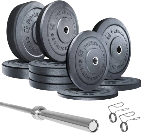 French Fitness Olympic Bumper Plates Set 285 lbs New – Front view of full plates set with 7 ft bar loaded