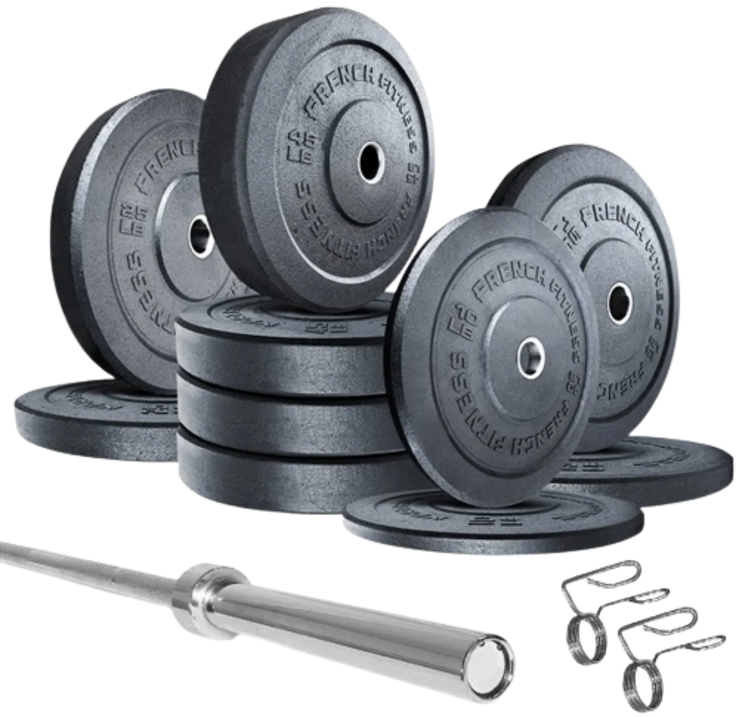 French Fitness Olympic Bumper Plate Set w/7 ft Olympic Bar 325 lbs - Crumb Rubber (New) Image