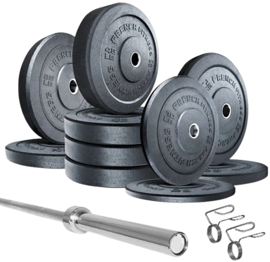 French Fitness Olympic Bumper Plate Set w/7 ft Olympic Bar 325 lbs - Crumb Rubber (New) Image