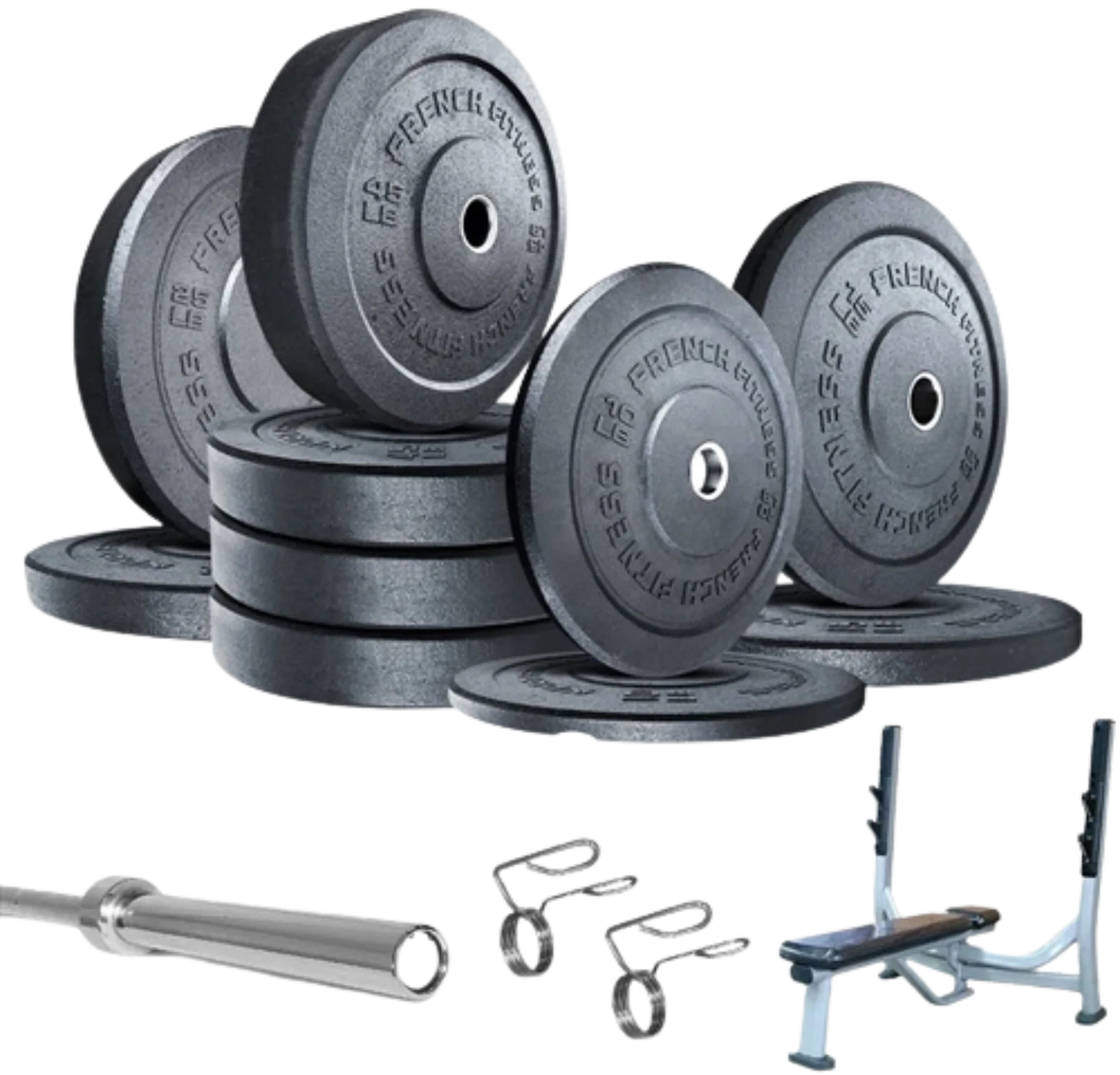 French Fitness Olympic Bumper Plate Set w/7 ft Olympic Bar 325 lbs + Bench - Crumb Rubber (New) Image