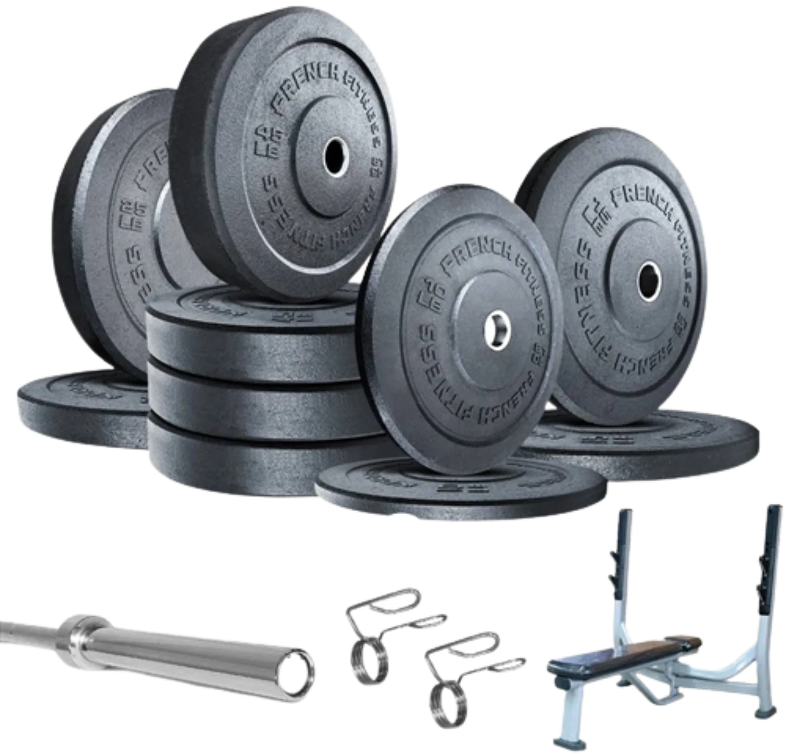 French Fitness Olympic Bumper Plate Set w/7 ft Olympic Bar 325 lbs + Bench - Crumb Rubber (New) Image