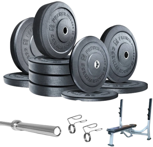 French Fitness Olympic Bumper Plate Set w/7 ft Olympic Bar 325 lbs + Bench - Crumb Rubber (New) Image