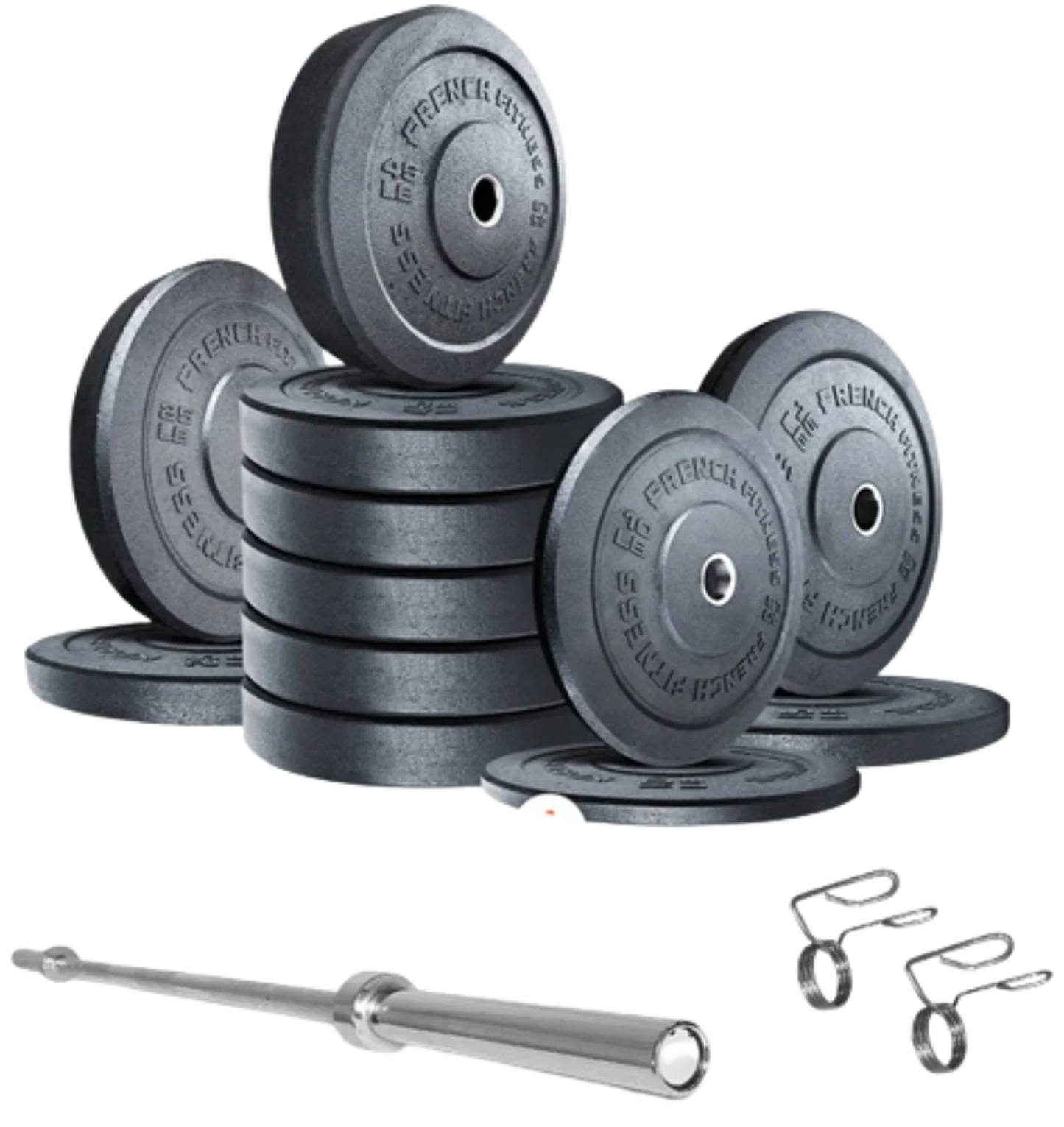 French Fitness Olympic Bumper Plate Set w/7 ft Olympic Bar 415 lbs - Crumb Rubber (New) Image