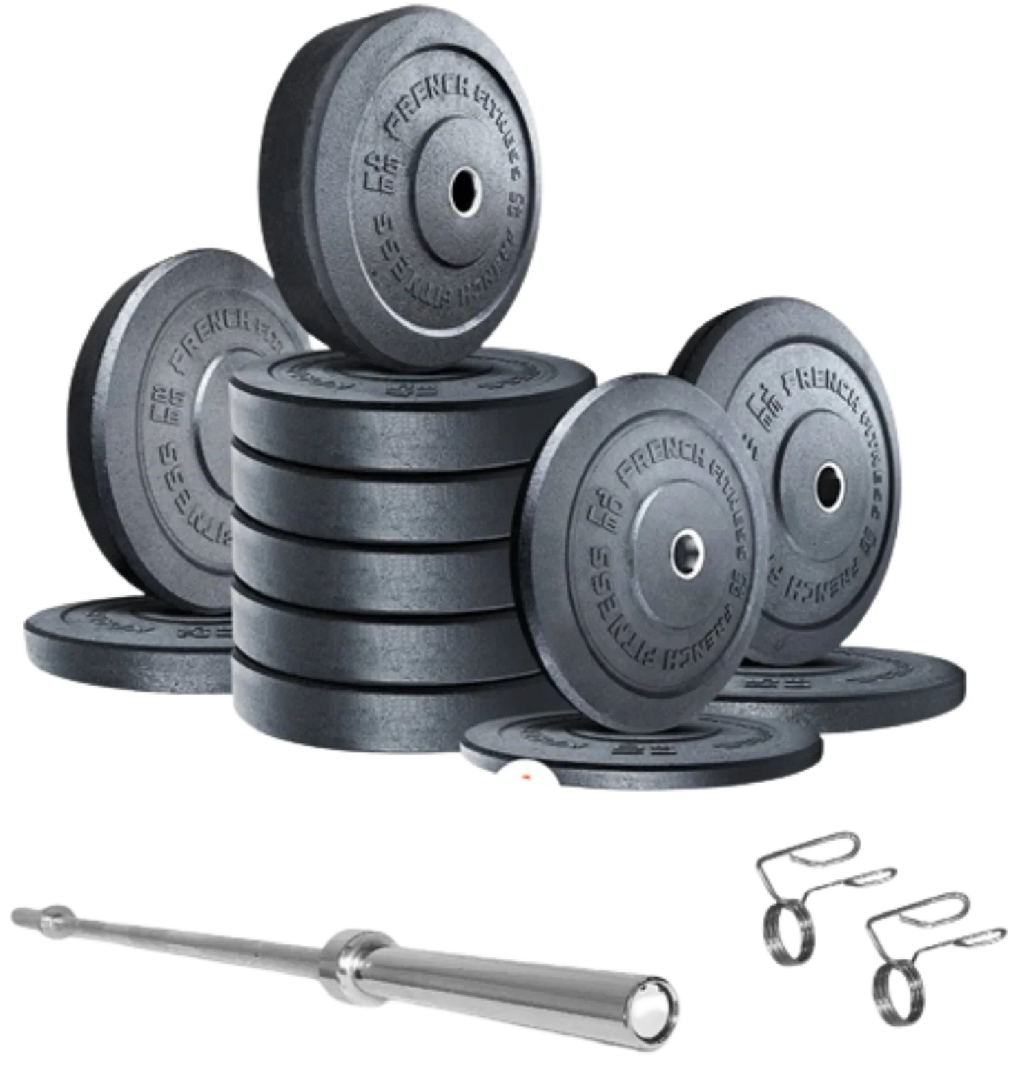 French Fitness Olympic Bumper Plate Set w/7 ft Olympic Bar 415 lbs - Crumb Rubber (New) Image