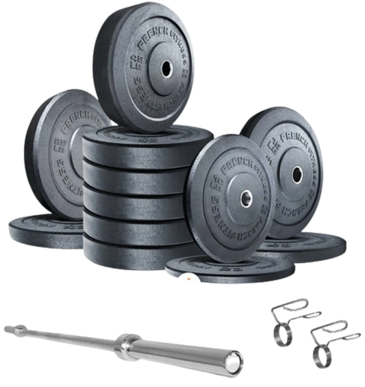 French Fitness Olympic Bumper Plate Set w/7 ft Olympic Bar 415 lbs - Crumb Rubber (New) Image