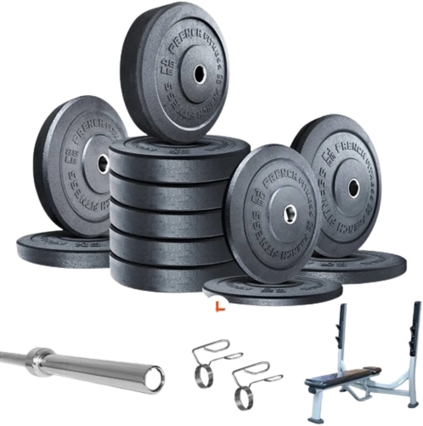 French Fitness Olympic Bumper Plate Set w/7 ft Olympic Bar 415 lbs + Bench - Crumb Rubber (New) Image