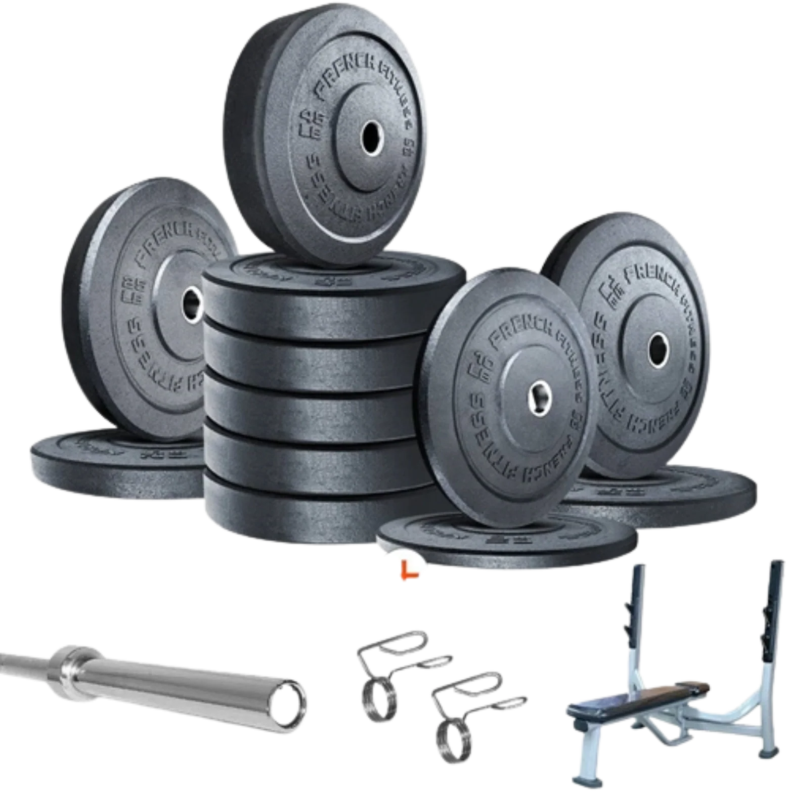 French Fitness Olympic Bumper Plate Set w/7 ft Olympic Bar 415 lbs + Bench - Crumb Rubber (New) Image