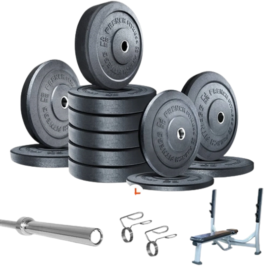 French Fitness Olympic Bumper Plate Set w/7 ft Olympic Bar 415 lbs + Bench - Crumb Rubber (New) Image
