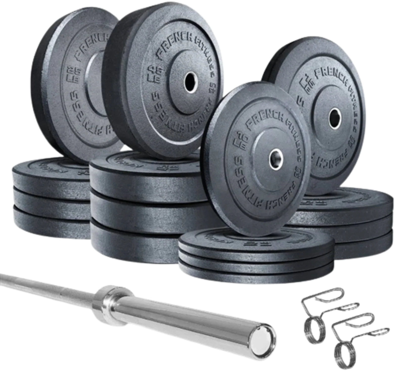 French Fitness Olympic Bumper Plates Set w/7 ft Olympic Bar 425 lbs - Crumb Rubber (New) Image