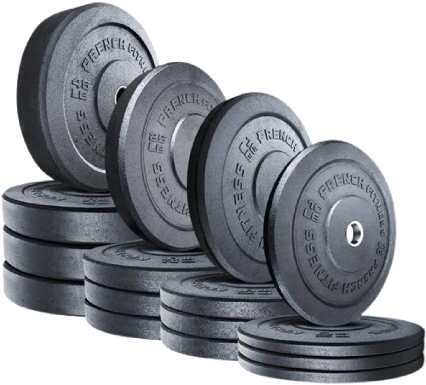 French Fitness Olympic Bumper Plates Set w/7 ft Olympic Bar 425 lbs - Crumb Rubber (New) Image 2