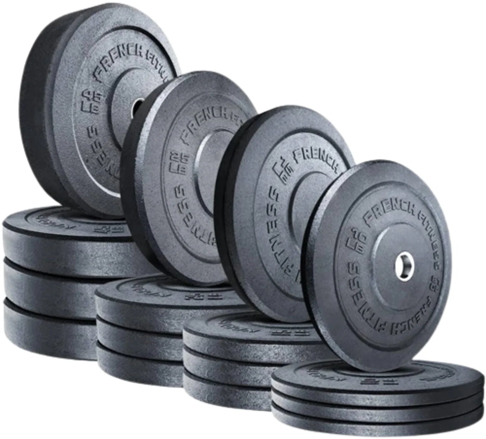 French Fitness Olympic Bumper Plates Set w/7 ft Olympic Bar 425 lbs - Crumb Rubber (New) Image 2