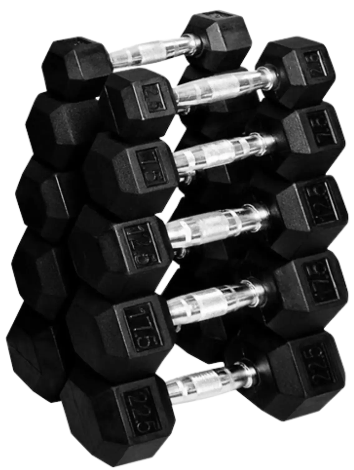 French Fitness Rubber Coated Hex Dumbbell Set 2.5-22.5 lbs - 5 Pair (New) Image
