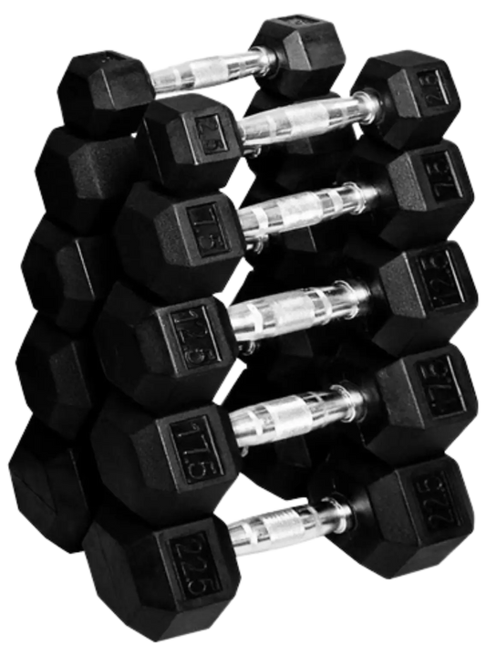 French Fitness Rubber Coated Hex Dumbbell Set 2.5-22.5 lbs - 5 Pair (New) Image