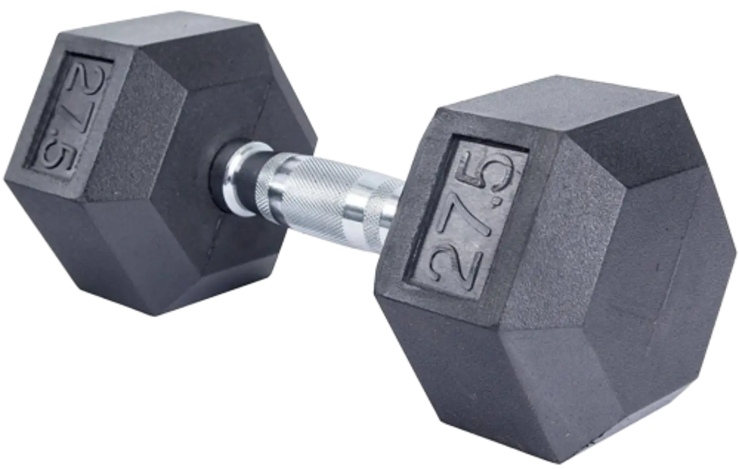 French Fitness 27.5 lb Rubber Coated Hex Dumbbell – Angled View