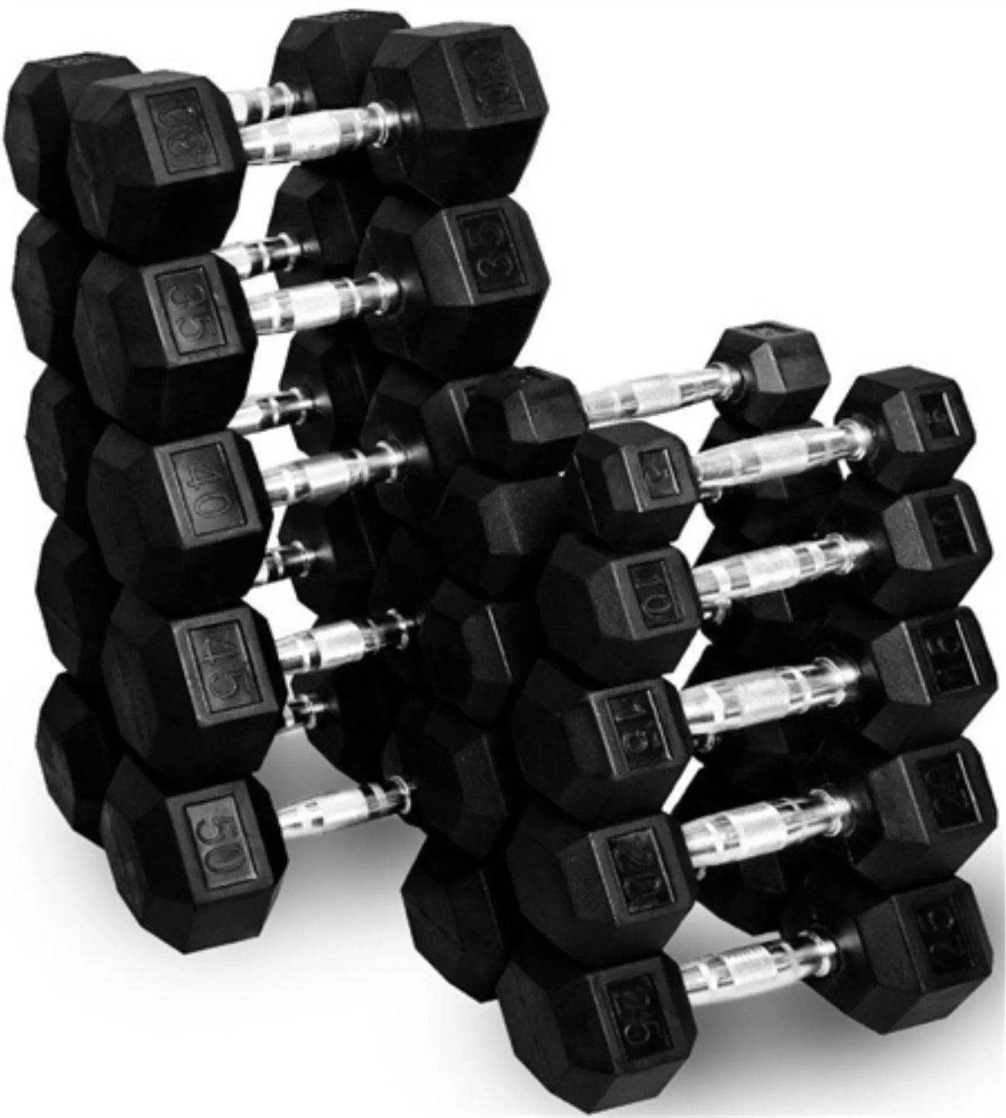 French Fitness Rubber Hex Dumbbell Set 5-100 lbs w/(2) 3 Tier Dumbbell Racks (New) Image 2