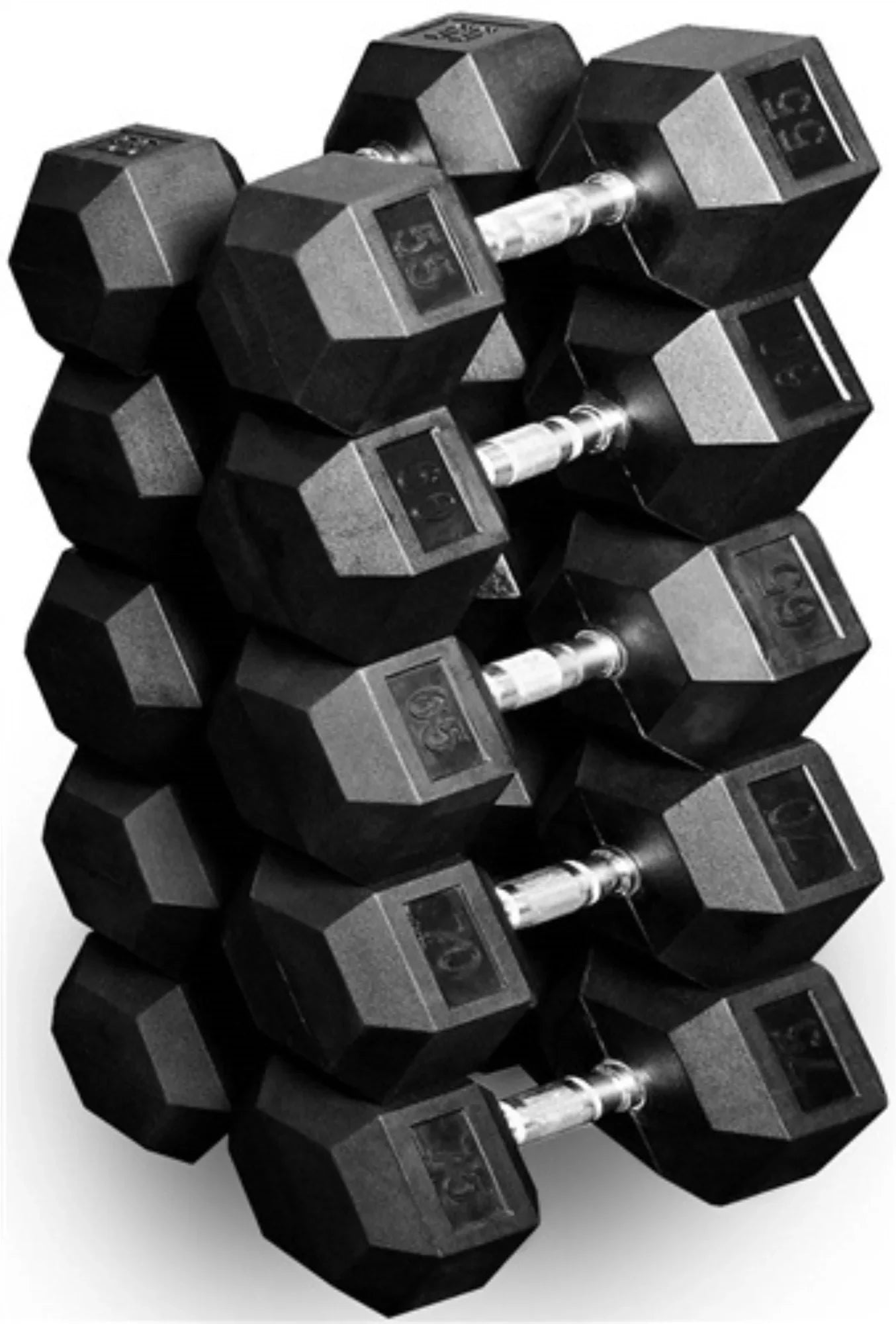 French Fitness Rubber Hex Dumbbell Set 5-100 lbs w/(2) 3 Tier Dumbbell Racks (New) Image 3