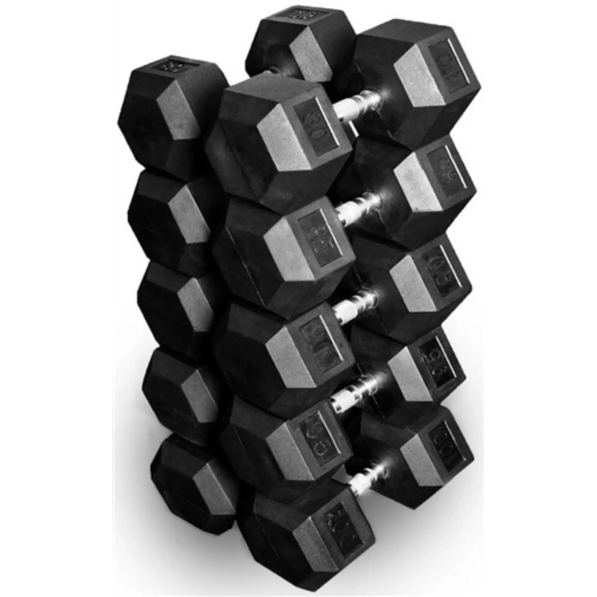 French Fitness Rubber Hex Dumbbell Set 5-100 lbs w/(2) 3 Tier Dumbbell Racks (New) Image 4