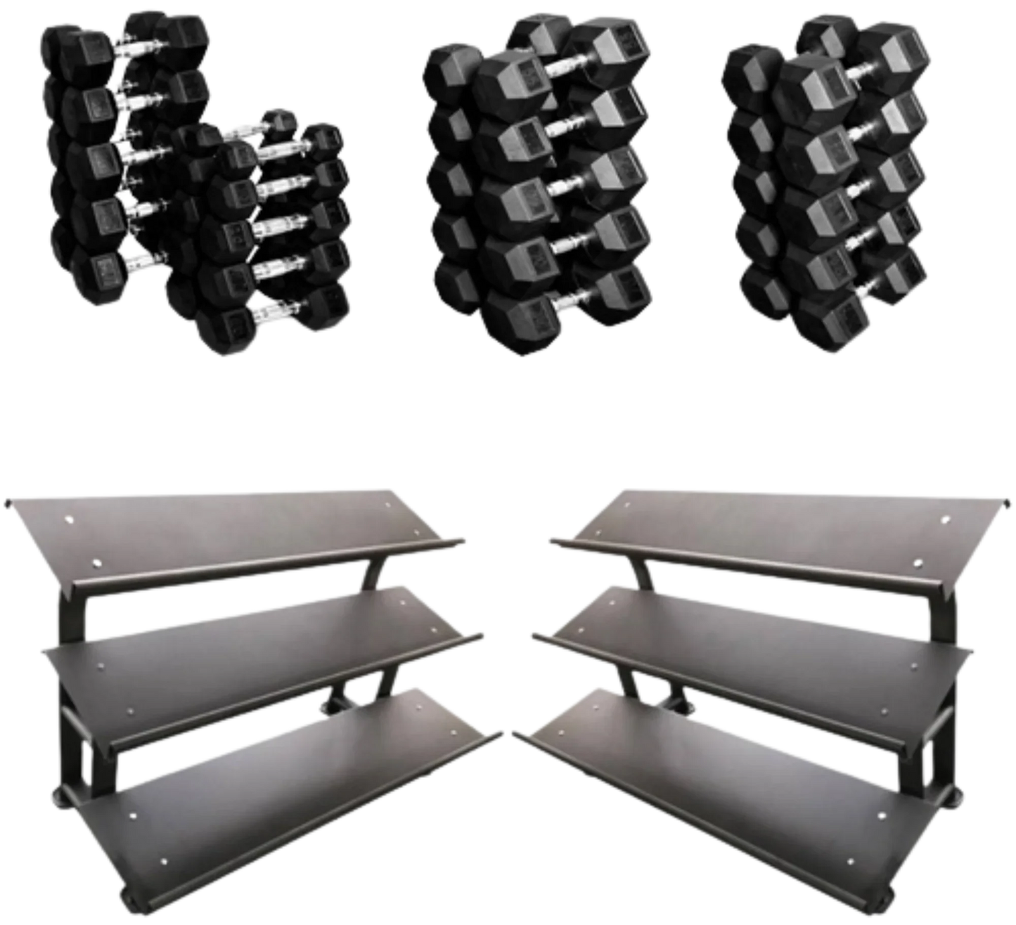 French Fitness Rubber Hex Dumbbell Set 5-100 lbs w/(2) 3 Tier Dumbbell Racks (New) Image