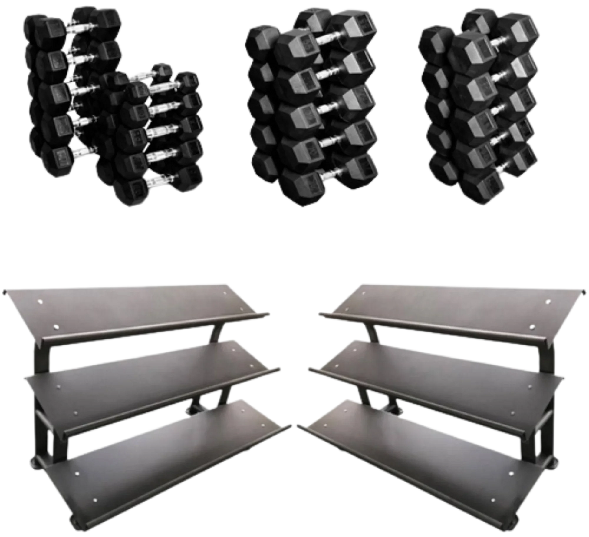 French Fitness Rubber Hex Dumbbell Set 5-100 lbs w/(2) 3 Tier Dumbbell Racks (New) Image