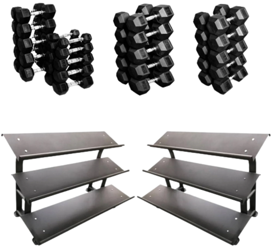 French Fitness Rubber Hex Dumbbell Set 5-100 lbs w/(2) 3 Tier Dumbbell Racks (New) Image