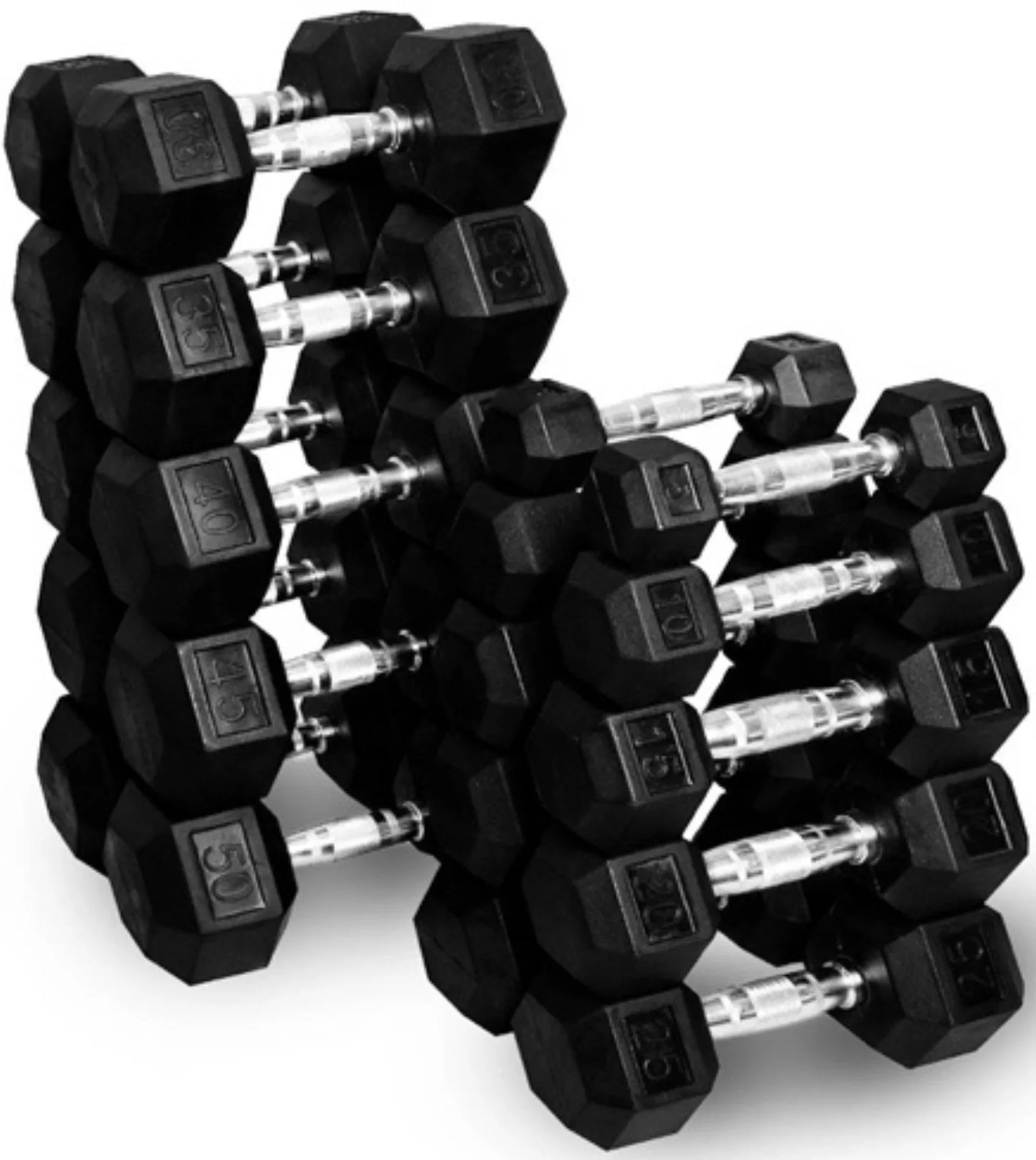 French Fitness Rubber Hex Dumbbell Set 5 to 100 lbs w/Bench + (2) 3 Tier Dumbbell Racks (New) Image 2