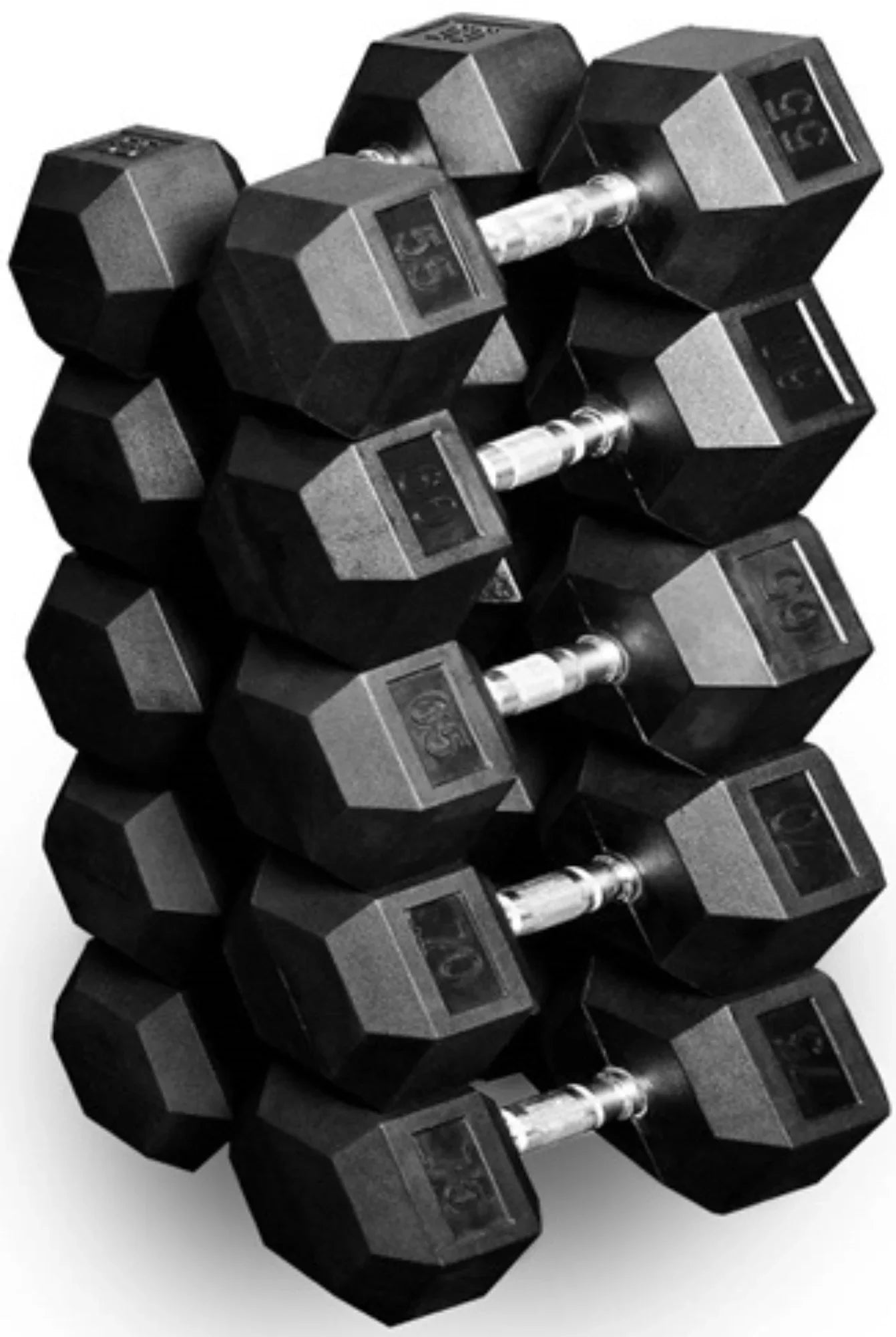 French Fitness Rubber Hex Dumbbell Set 5 to 100 lbs w/Bench + (2) 3 Tier Dumbbell Racks (New) Image 3