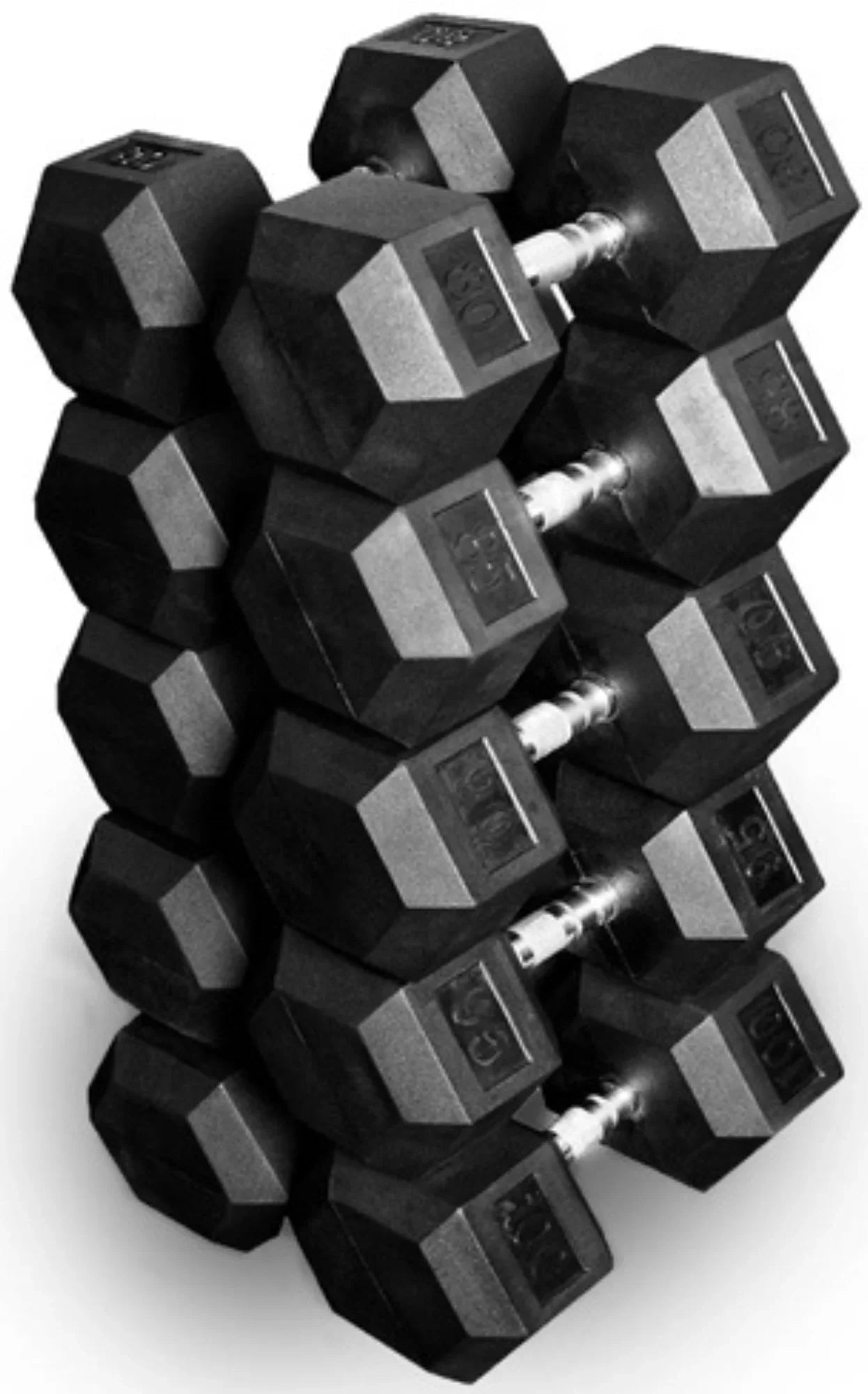 French Fitness Rubber Hex Dumbbell Set 5 to 100 lbs w/Bench + (2) 3 Tier Dumbbell Racks (New) Image 4