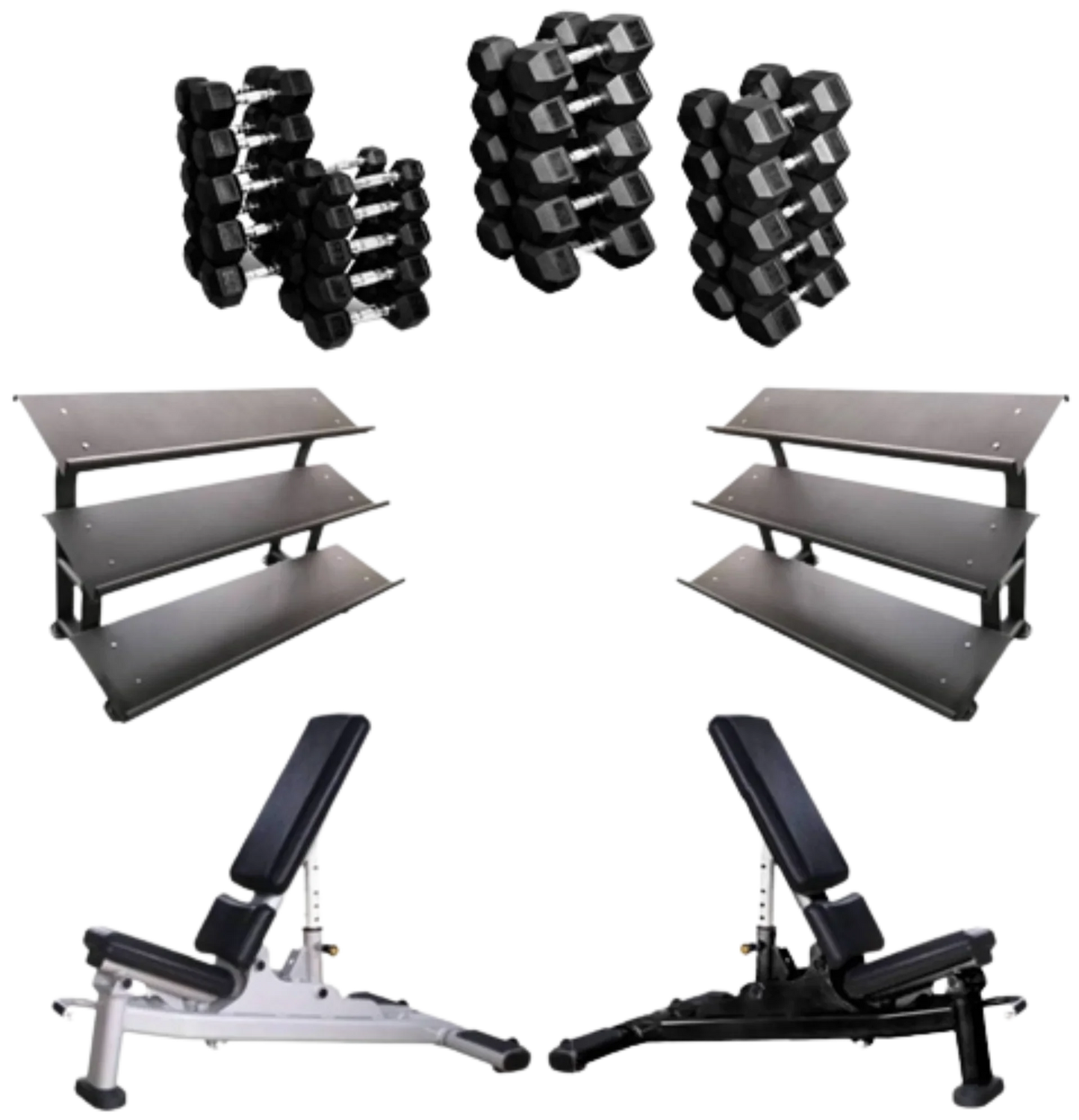 French Fitness Rubber Hex Dumbbell Set 5 to 100 lbs w/Bench + (2) 3 Tier Dumbbell Racks (New) Image