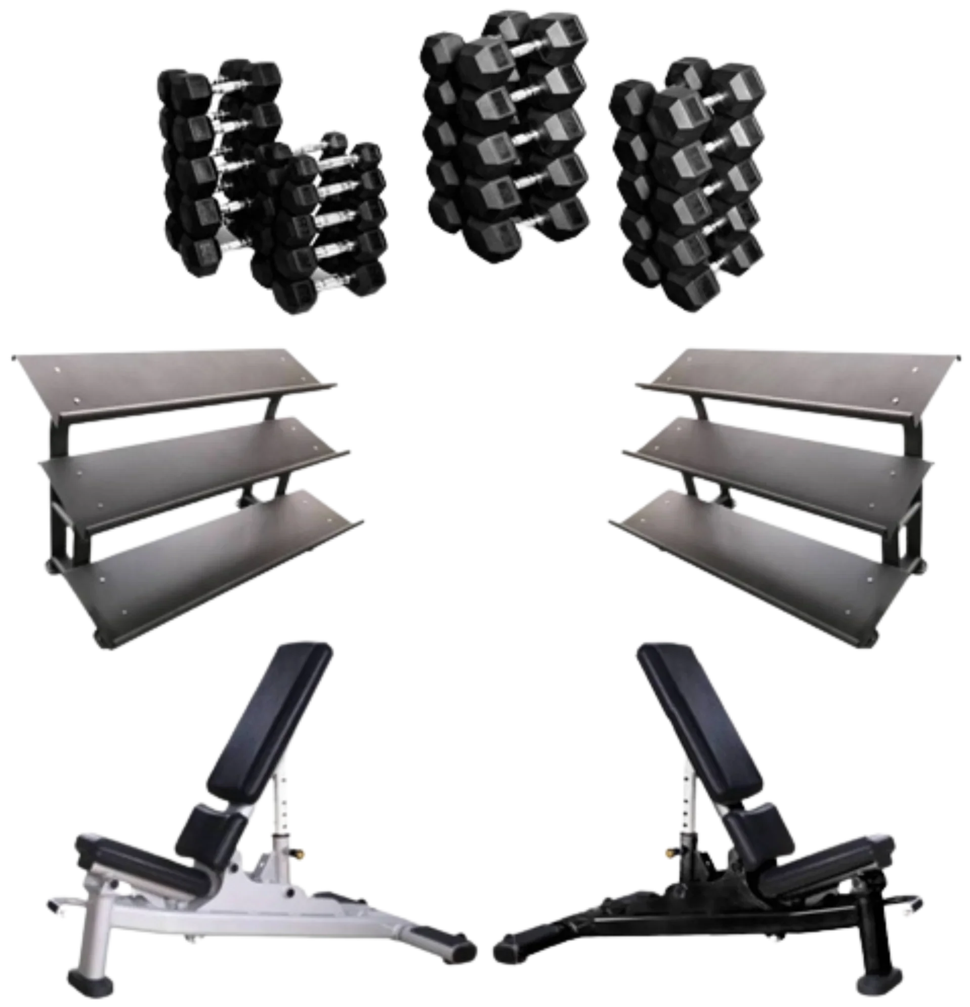 French Fitness Rubber Hex Dumbbell Set 5 to 100 lbs w/Bench + (2) 3 Tier Dumbbell Racks (New) Image