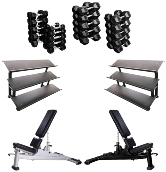 French Fitness Rubber Hex Dumbbell Set 5 to 100 lbs w/Bench + (2) 3 Tier Dumbbell Racks (New) Image