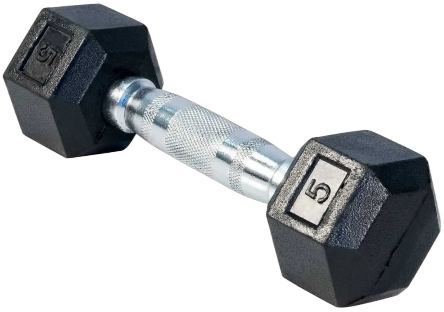 French Fitness Rubber Coated Hex Dumbbell Set 5-50 lbs - 5 lb Single Angled View