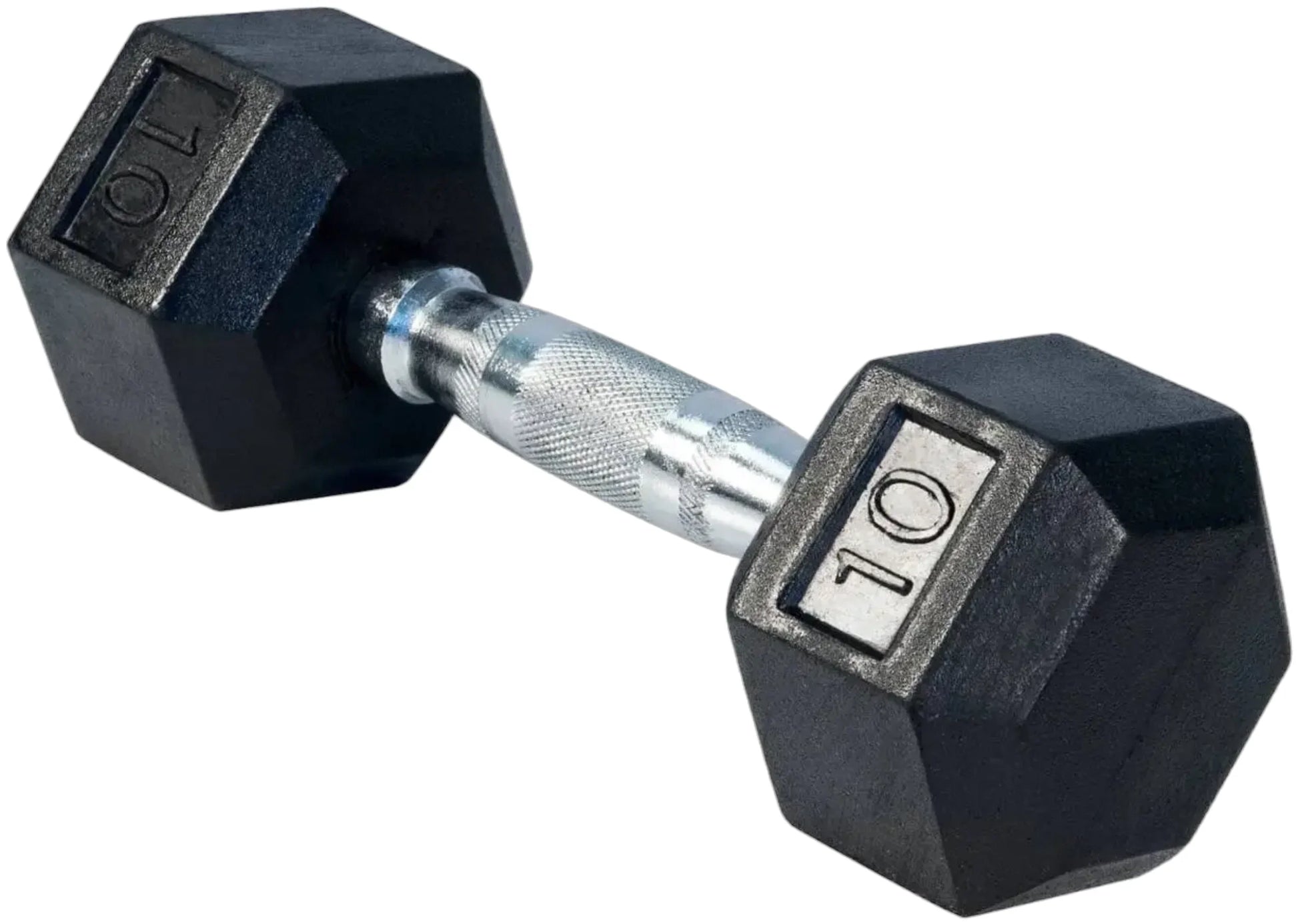 French Fitness Rubber Coated Hex Dumbbell Set 5-50 lbs - 10 lb Single Angled View