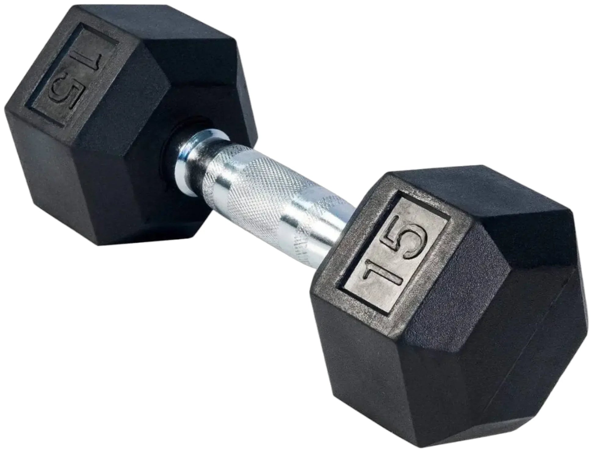 French Fitness Rubber Coated Hex Dumbbell Set 5-50 lbs - 15 lb Single Angled View