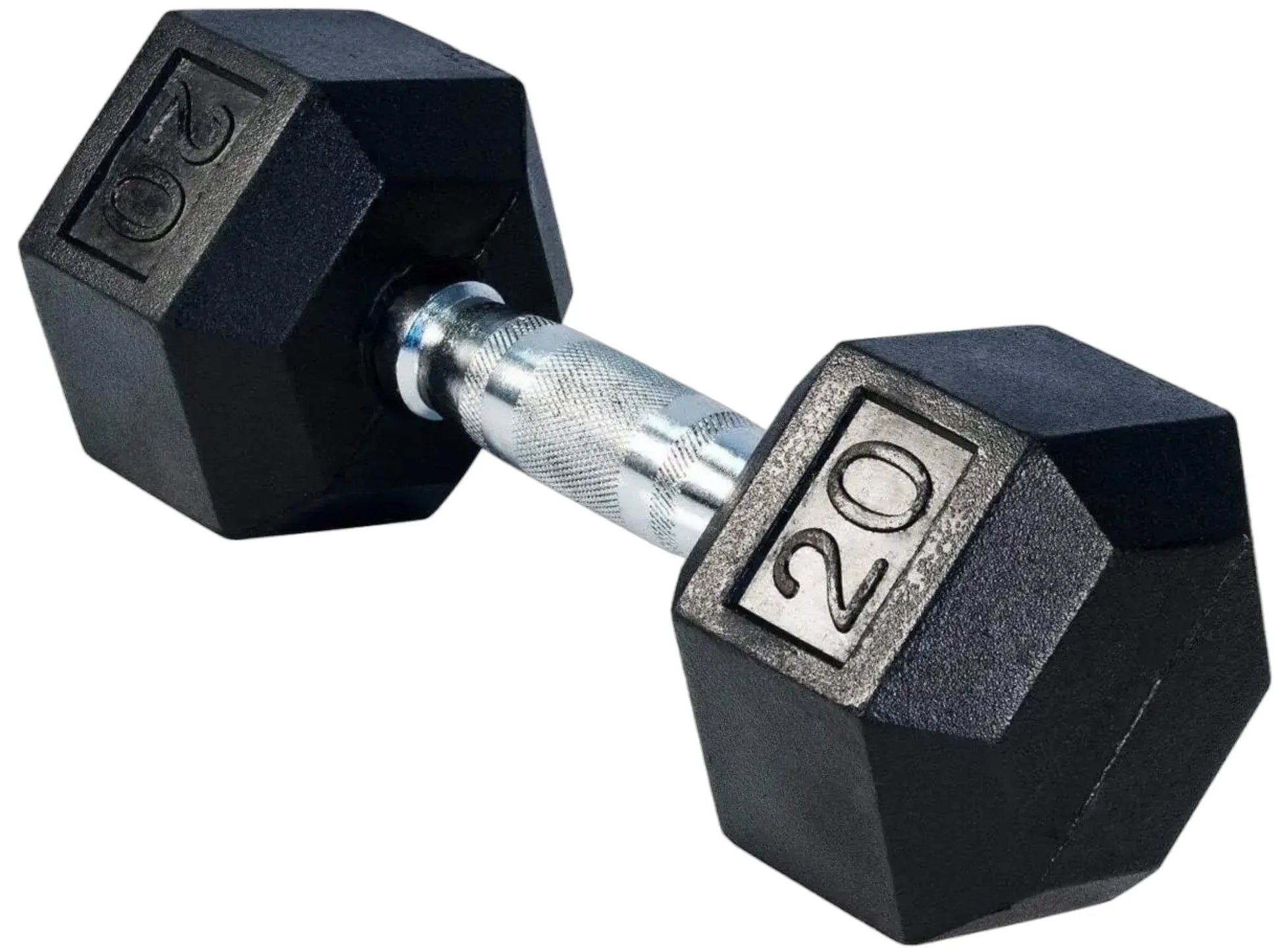 French Fitness Rubber Coated Hex Dumbbell Set 5-50 lbs - 20 lb Single Angled View