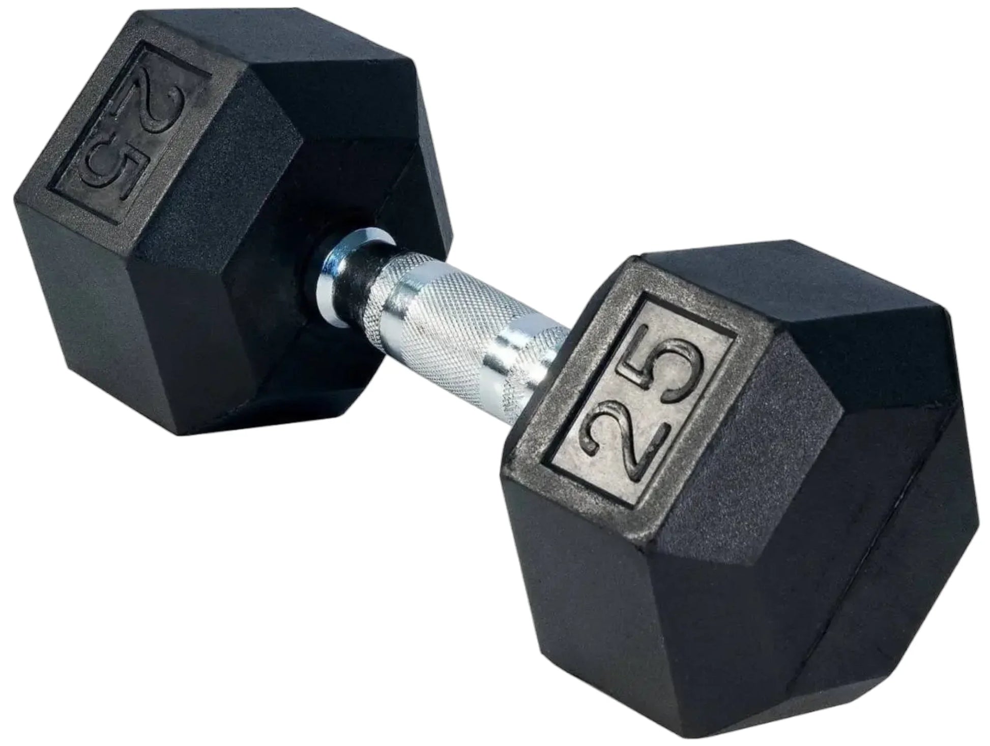 French Fitness Rubber Coated Hex Dumbbell Set 5-50 lbs - 25 lb Single Angled View