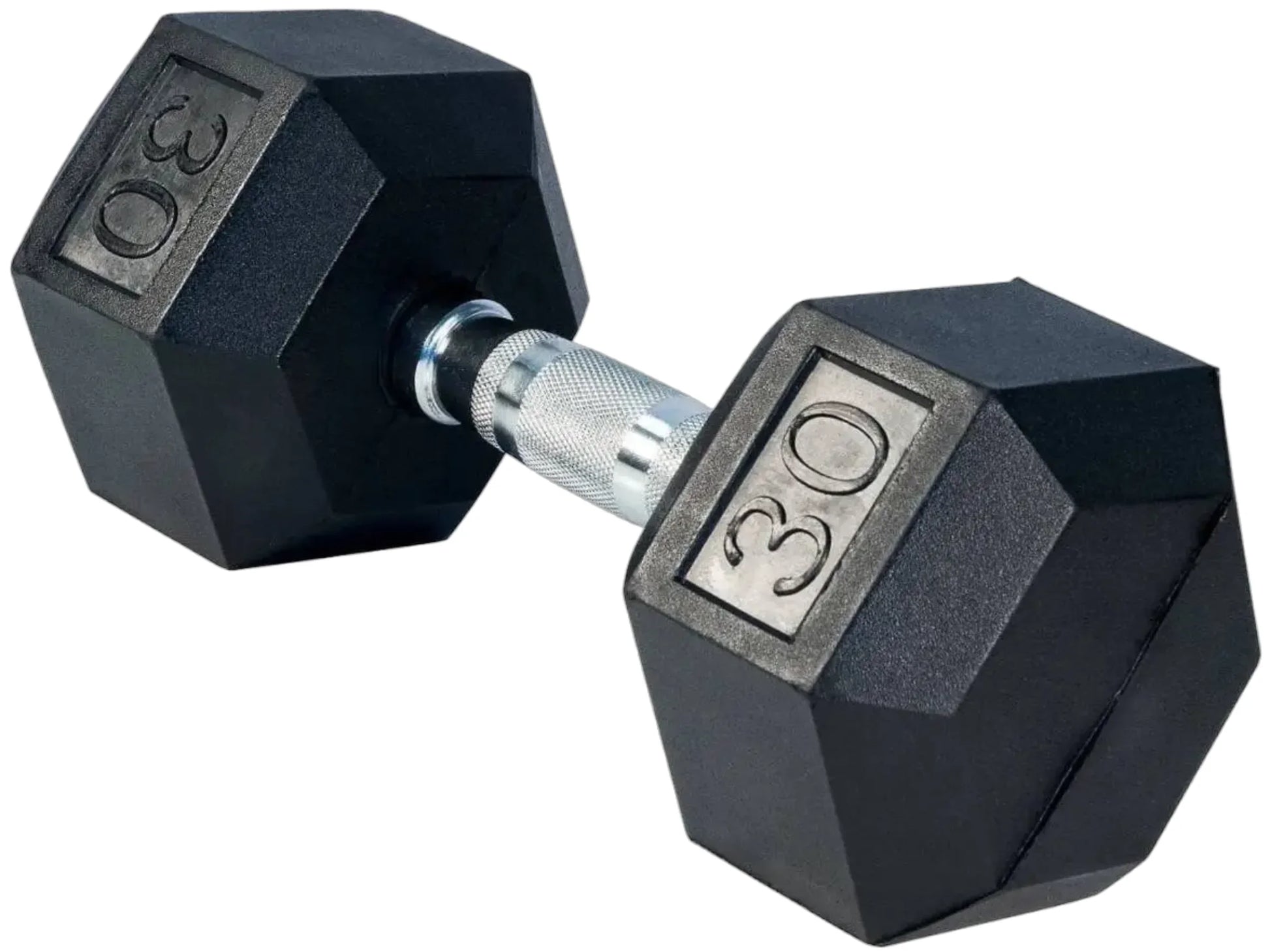 French Fitness Rubber Coated Hex Dumbbell Set 5-50 lbs - 30 lb Single Angled View