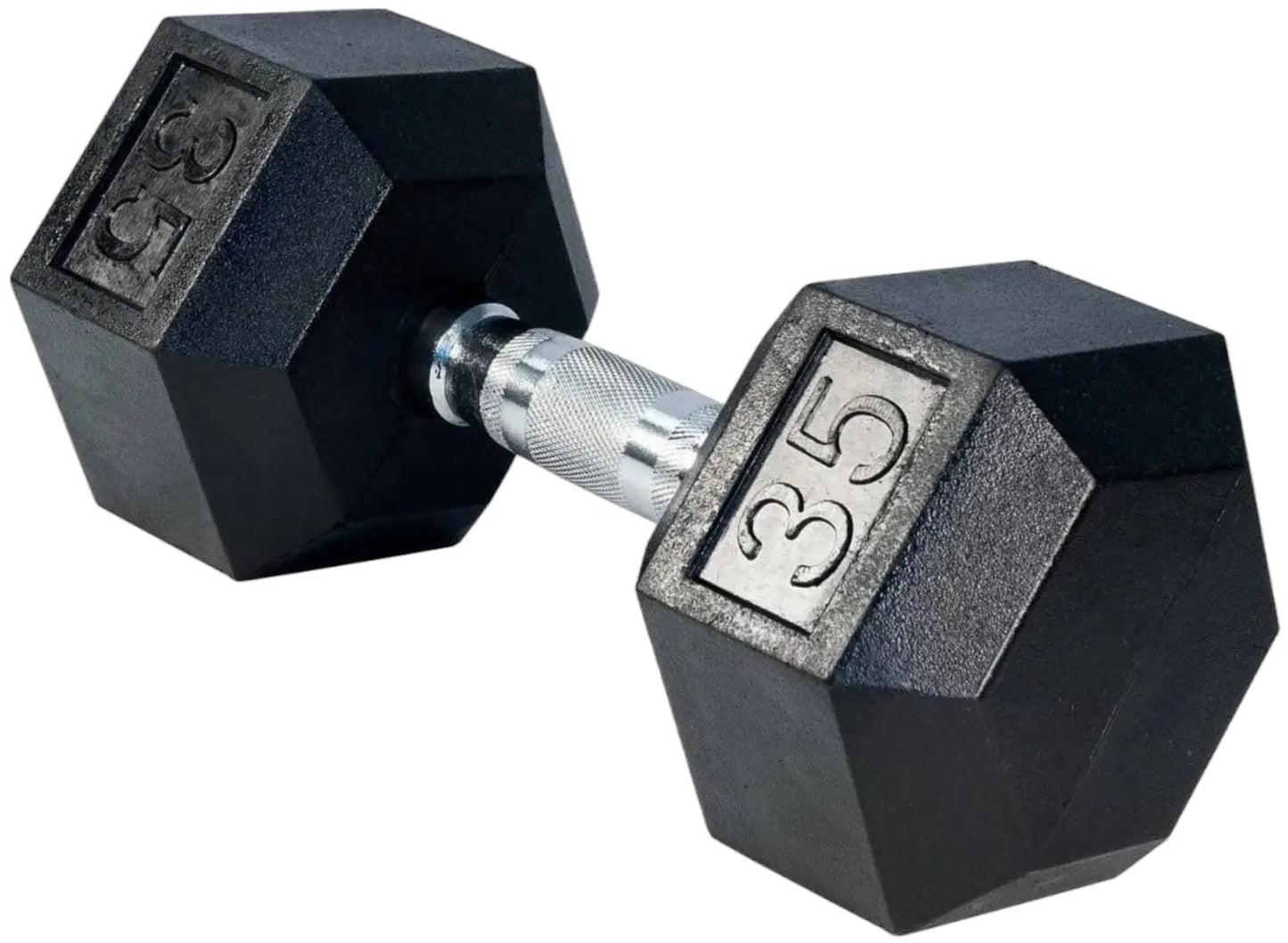 French Fitness Rubber Coated Hex Dumbbell Set 5-50 lbs - 35 lb Single Angled View