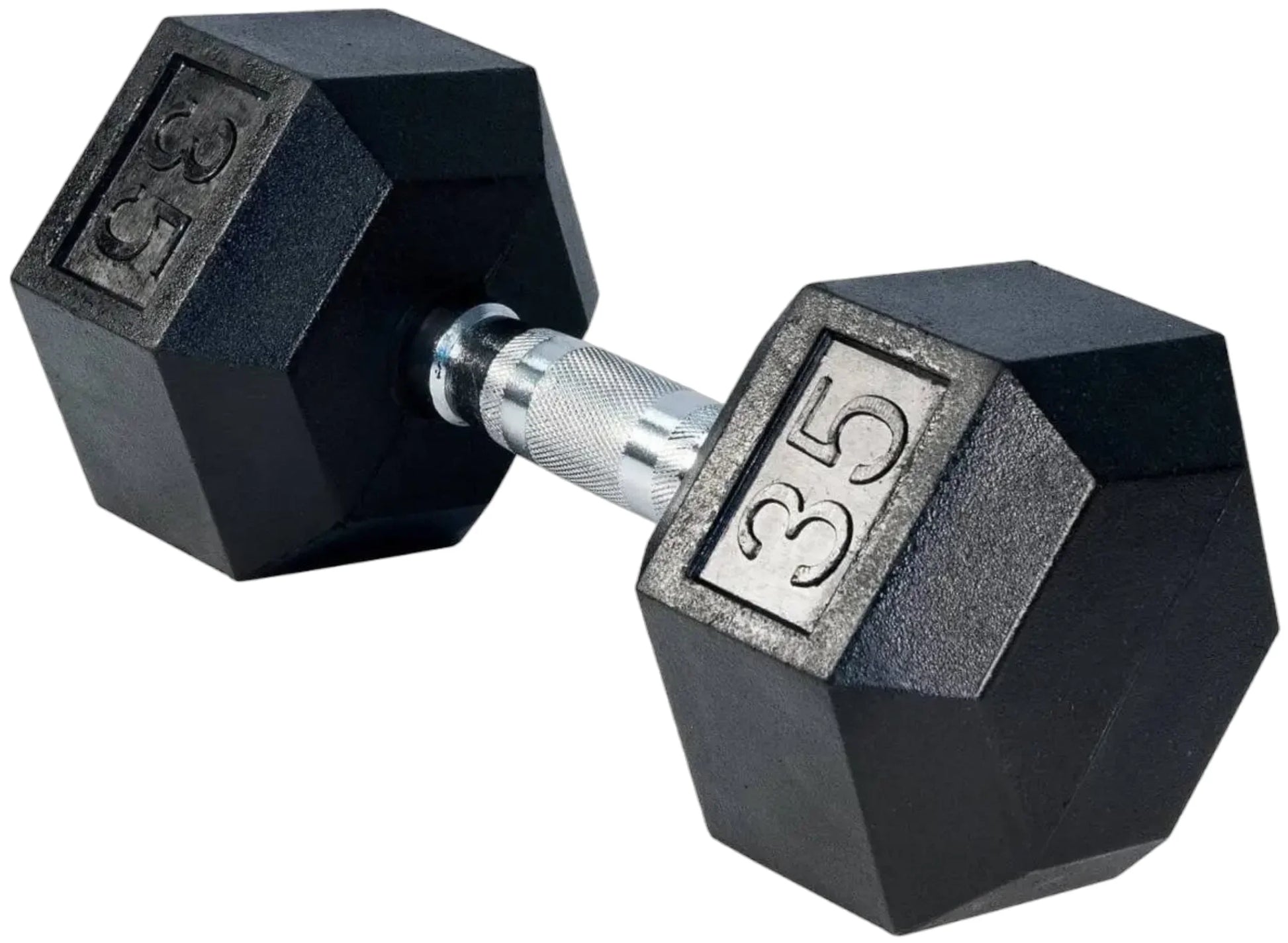 French Fitness Rubber Coated Hex Dumbbell Set 5-50 lbs - 35 lb Single Angled View