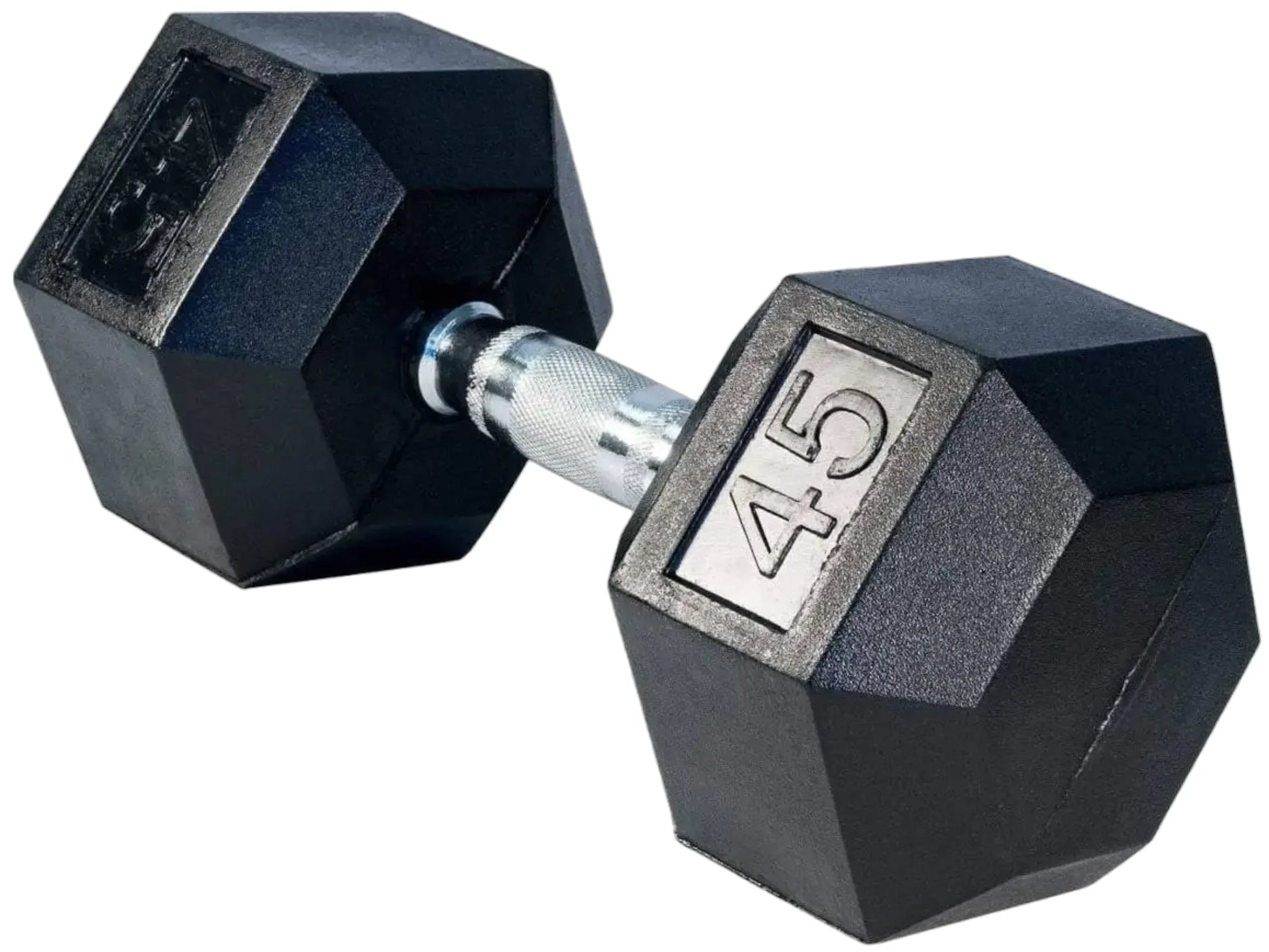 French Fitness Rubber Coated Hex Dumbbell Set 5-50 lbs - 45 lb Single Angled View