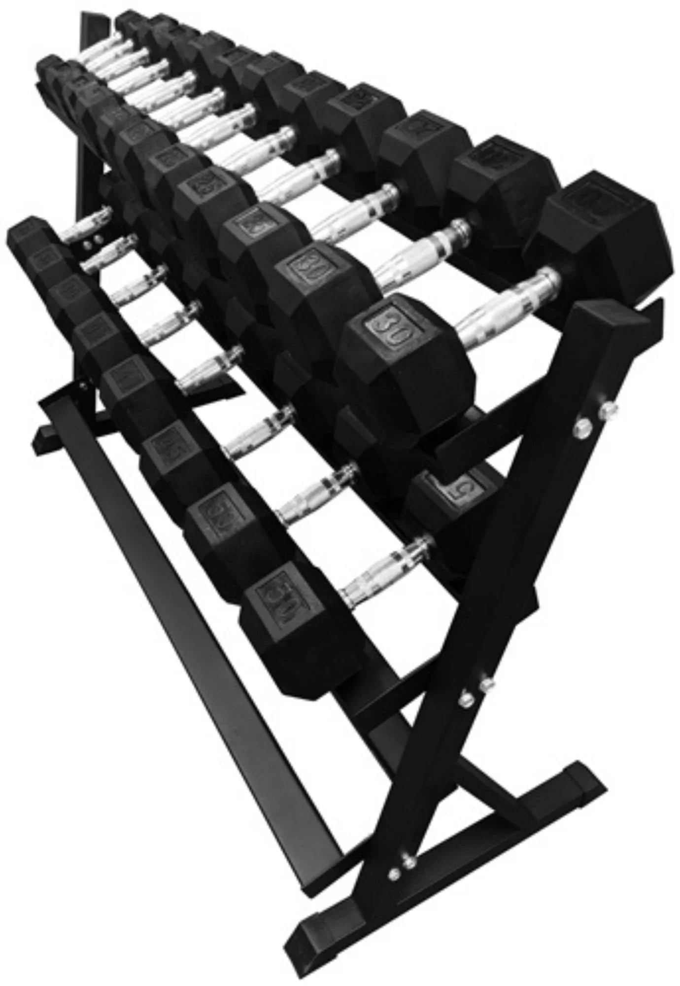 French Fitness Rubber Hex Dumbbell Set 5 to 50 lbs. w/Rack (New) Image 4
