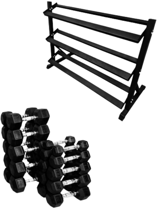 French Fitness Rubber Hex Dumbbell Set 5 to 50 lbs. w/Rack (New) Image