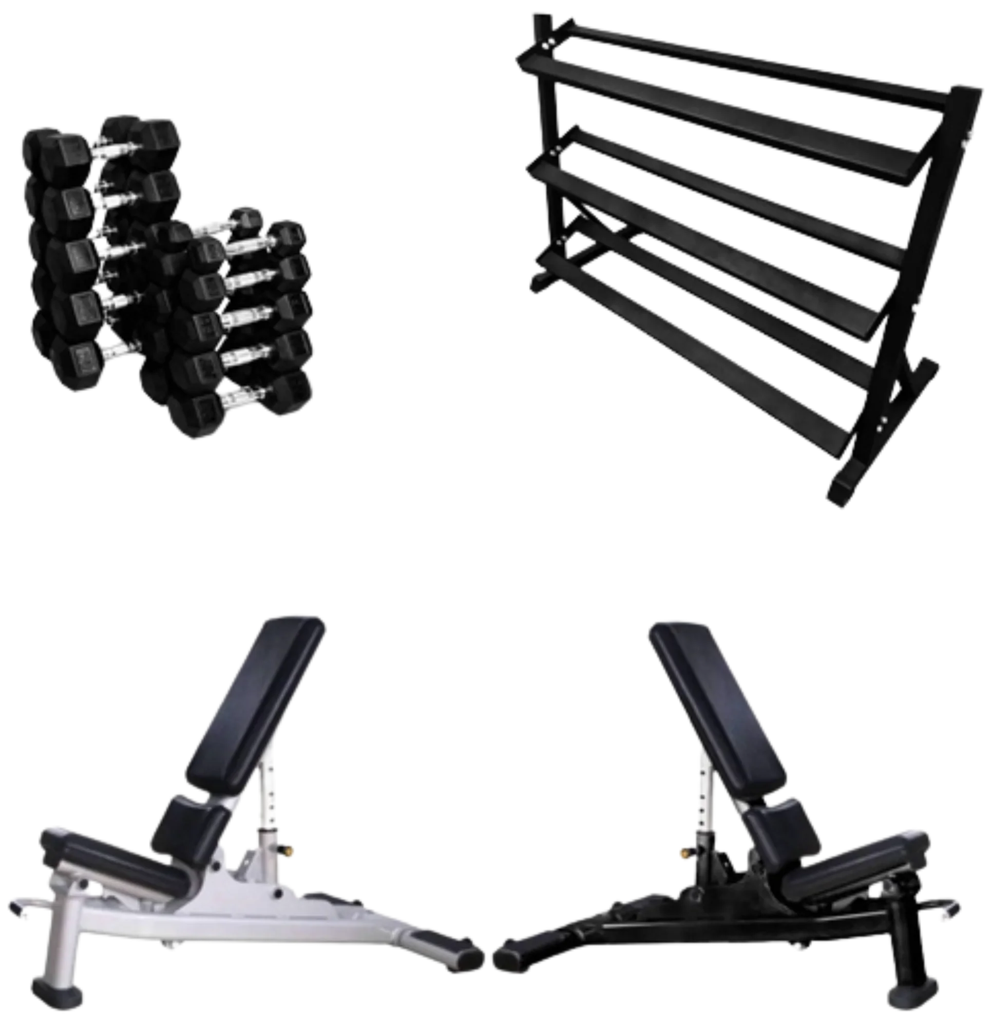 French Fitness Rubber Hex Dumbbell Set 5 to 50 lbs w/Bench + Rack (New) Image