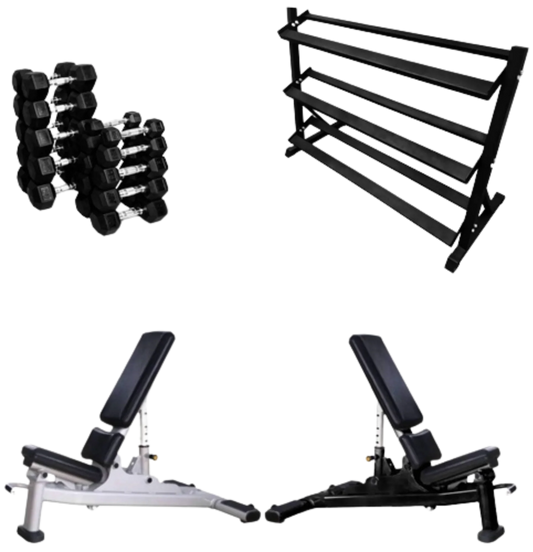 French Fitness Rubber Hex Dumbbell Set 5 to 50 lbs w/Bench + Rack (New) Image