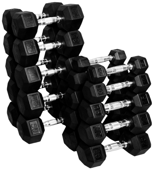 French Fitness Rubber Coated Hex Dumbbell Set 5-50 lbs - Angled View