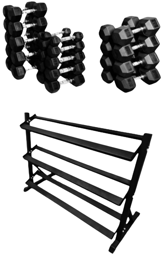 French Fitness Rubber Coated Hex Dumbbell Set 5-70 lbs w/Rack (New) Image