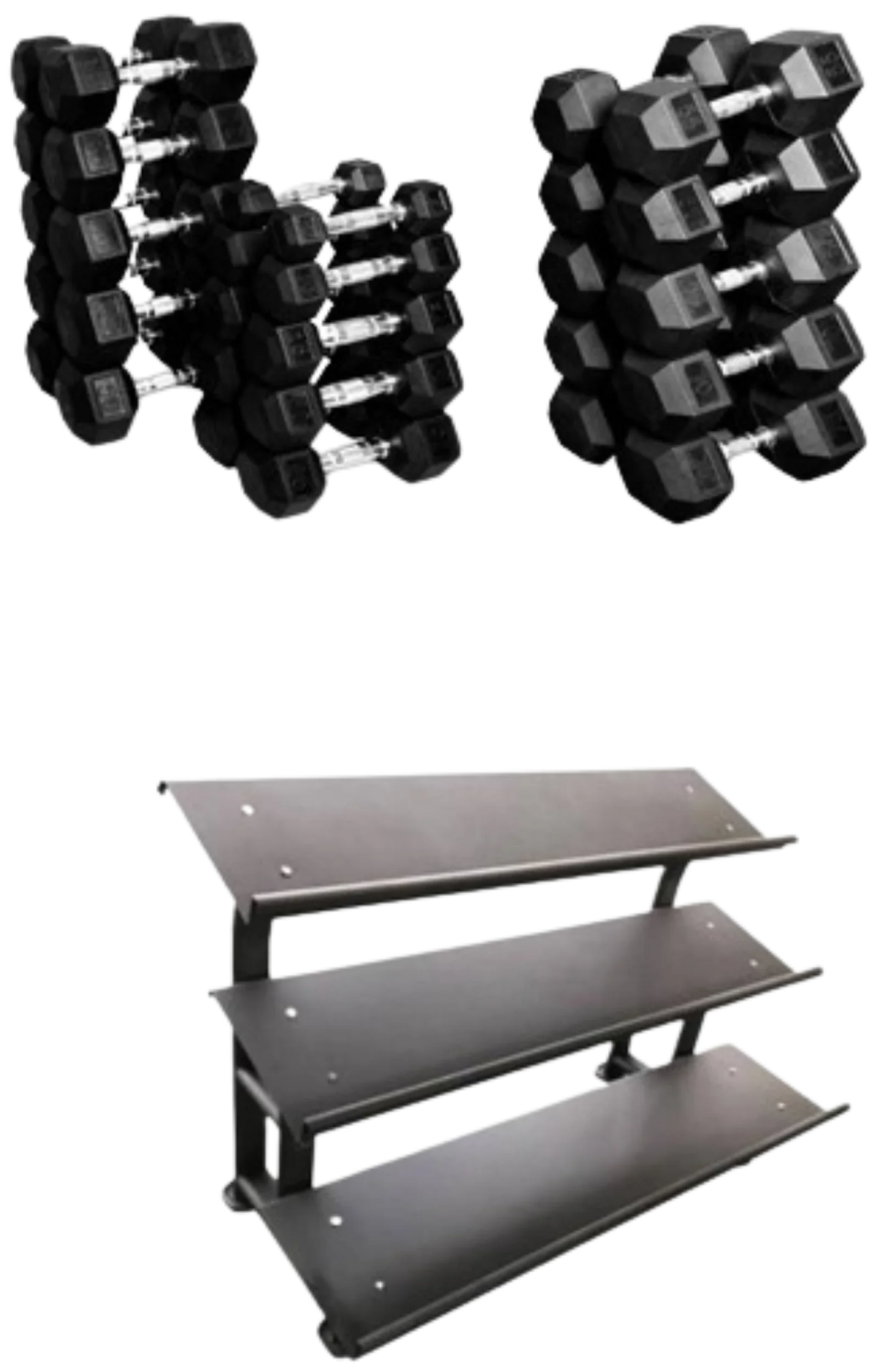 French Fitness Rubber Hex Dumbbell Set 5 to 75 lbs w/3 Tier Dumbbell Rack (New)